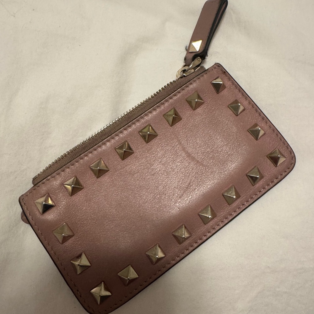 Valentino Pink Leather Card Holder with Gold Studs